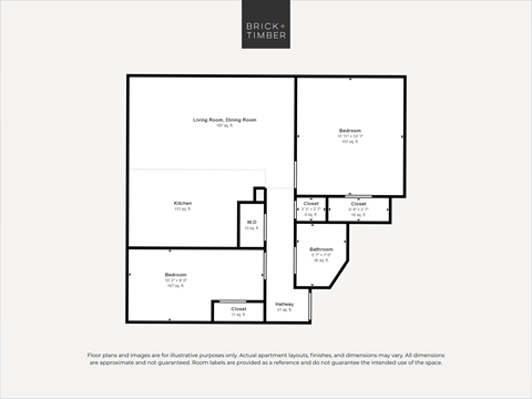 A floor plan for a home with a living room, dining room, kitchen, and two bathrooms.